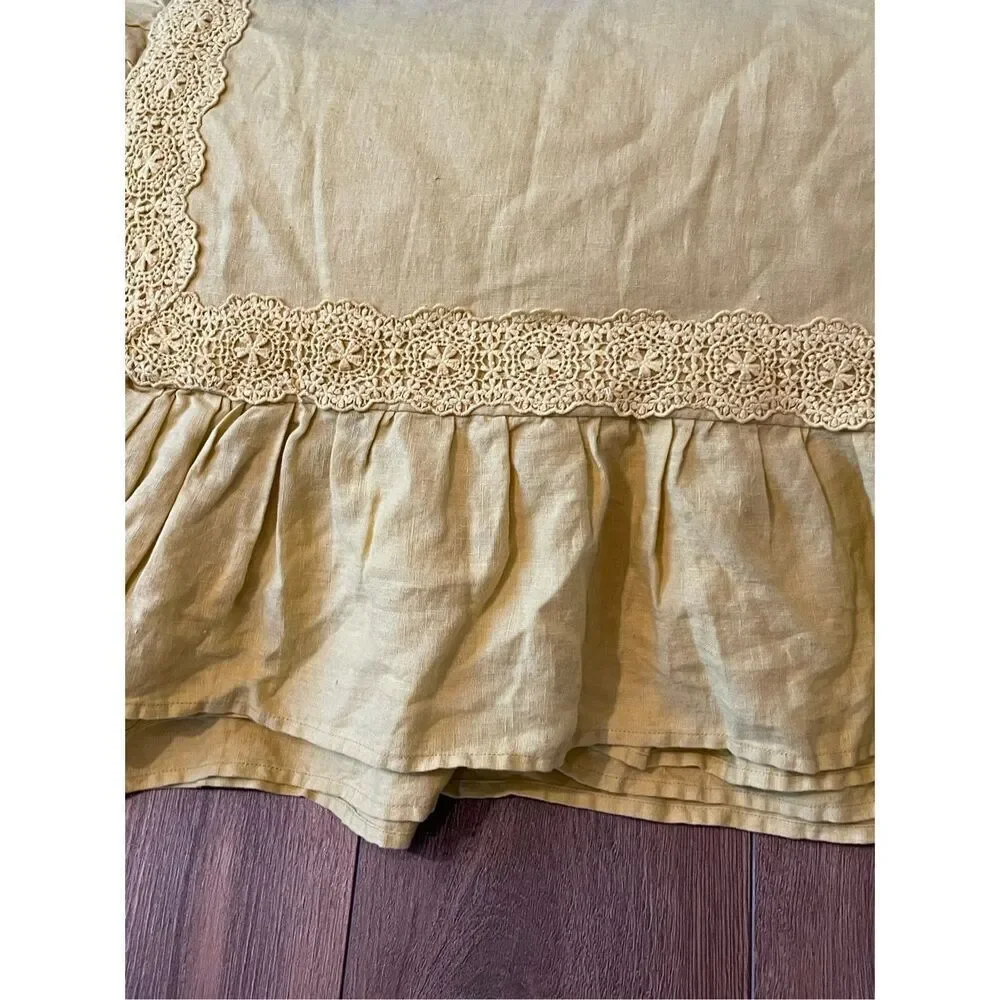 Pottery Barn Green Row Linen Ruffle Crochet Duvet Cover & Sham Twin Marigold